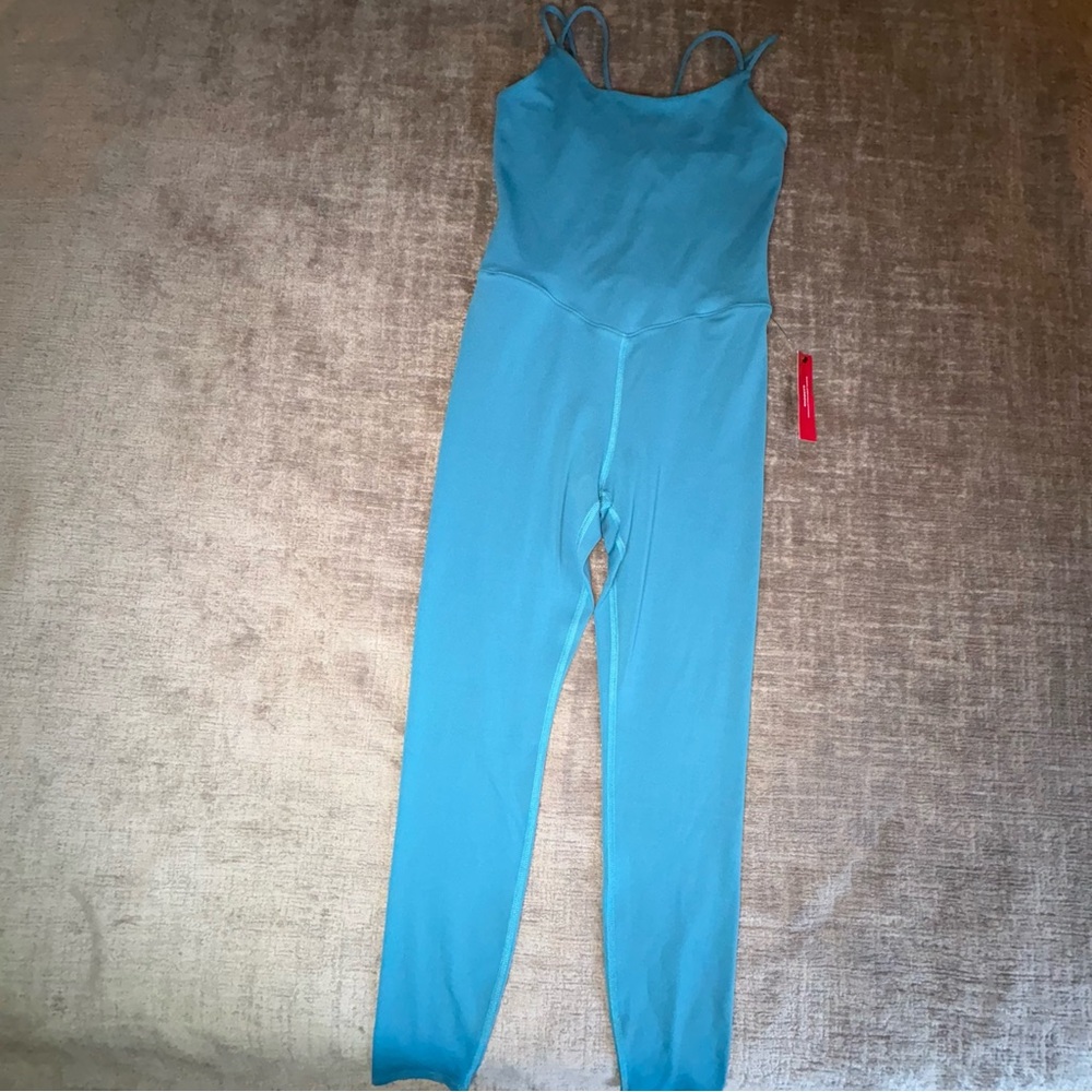 Carbon38 Strappy Jumpsuit SMALL Blue Stretch Activewear Diamond Compression Adj